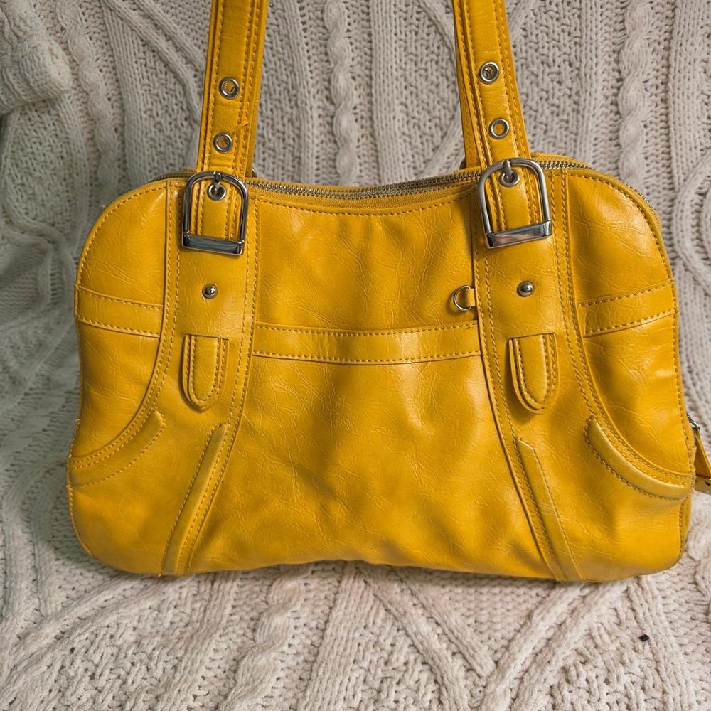 Maxx New York Large Shoulder Bag Bright Yellow‎ Faux Leather Leopard Lining - Picture 4 of 13